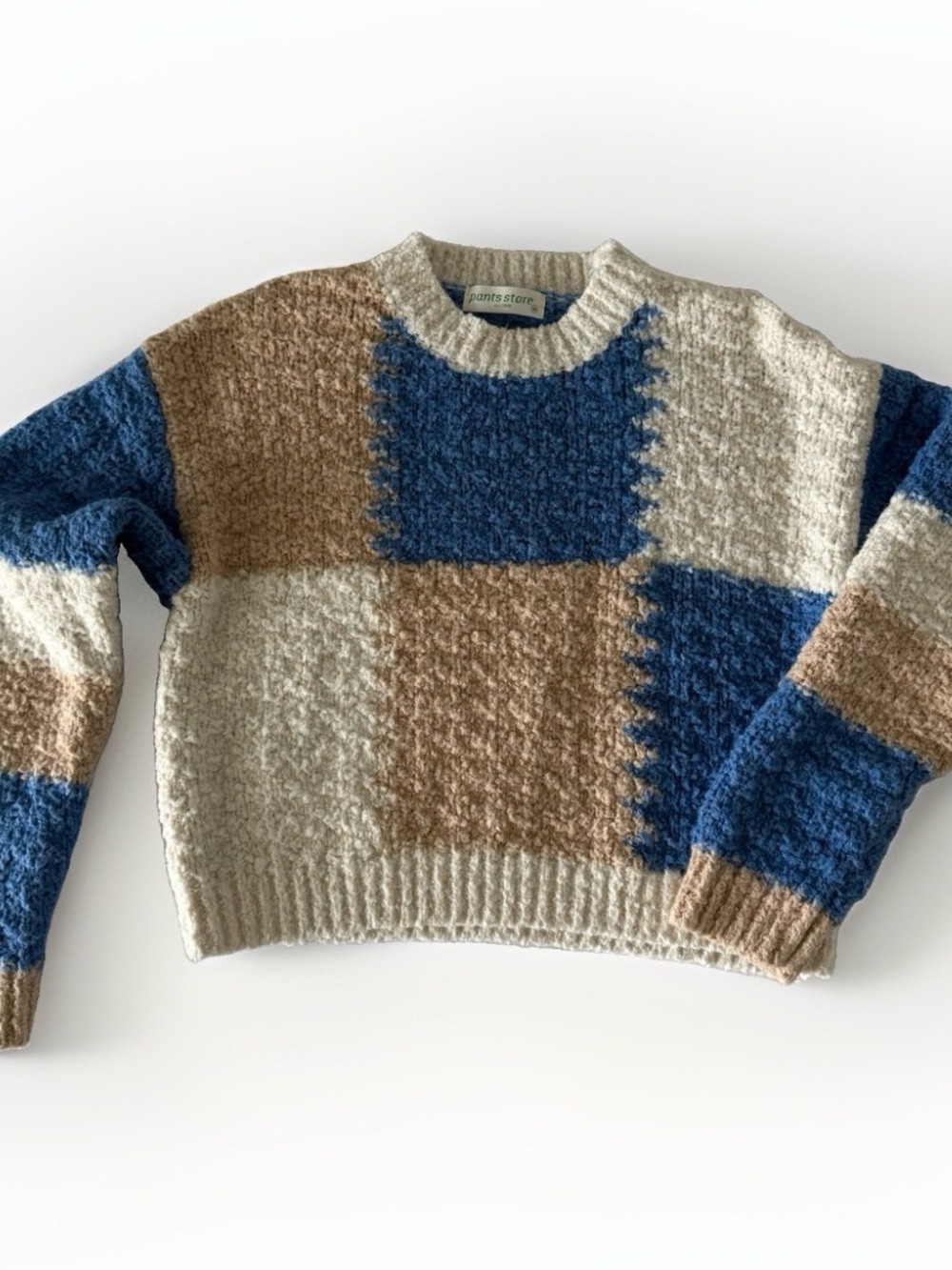 Patchwork Colorblock Women’s Chunky Knit Sweater Blue Cream Tan Pants Store Sz M